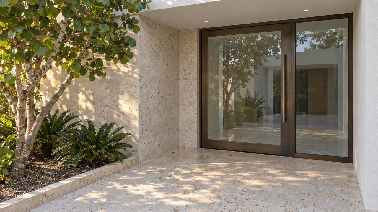 White stucco and cream limestone entry court with a bronze-framed glass door, shell-flecked stone landing and sculptural sea-grape planting.