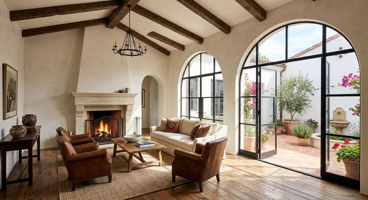 Sunlit living room with a pale limestone fireplace, arched glass doors, oak beams, and a potted olive tree.