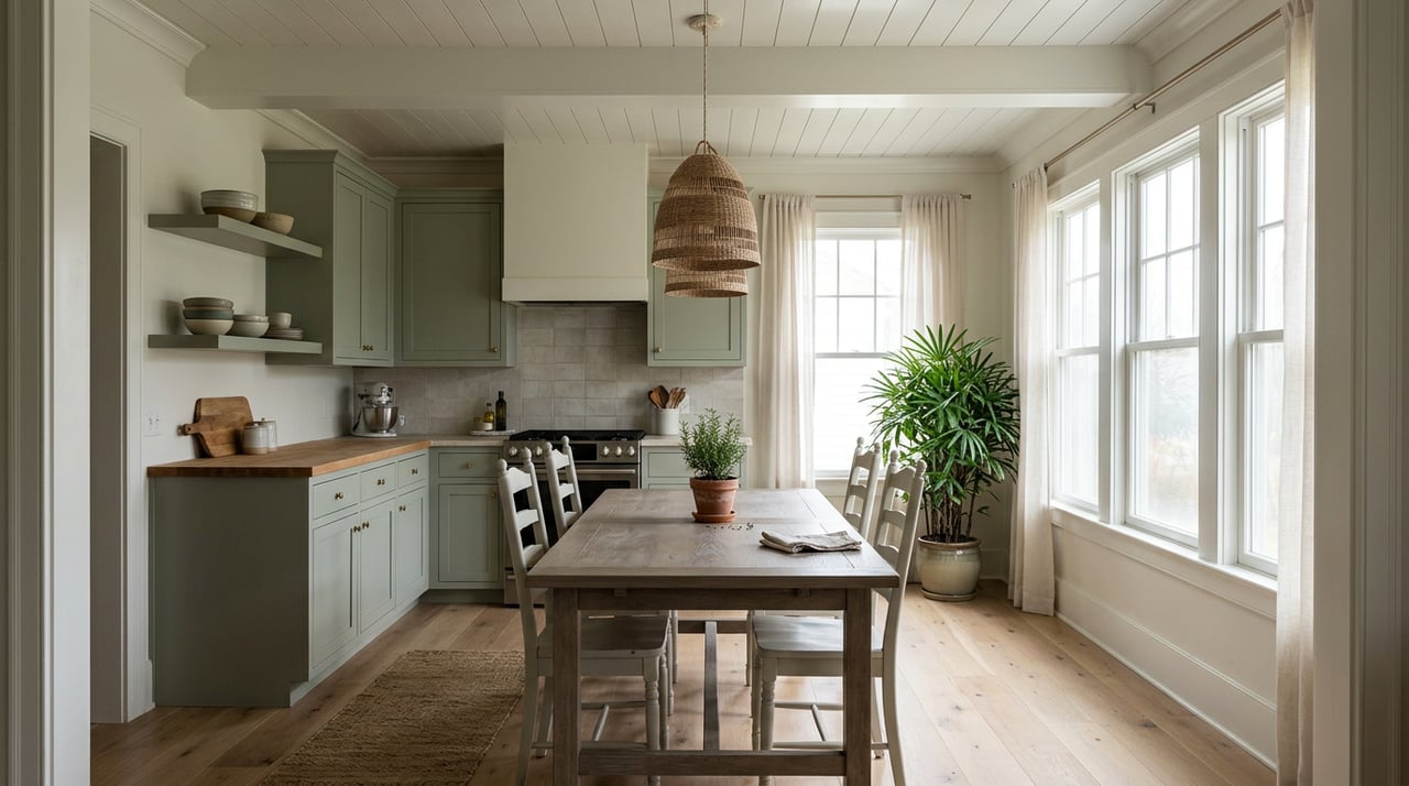 Farmhouse dining table with ladder-back chairs, sage-green cabinetry, rattan pendants, and sheer-curtained windows.