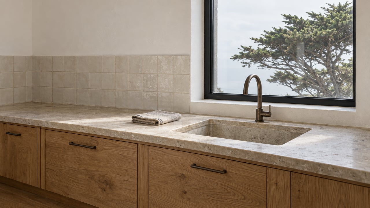 Compact cottage kitchen with oak cabinets, limestone counter, inset sink, and a black-framed window overlooking a cypress.