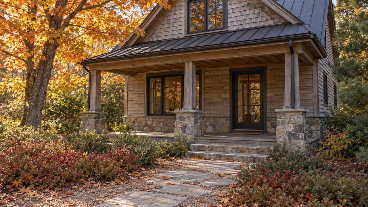 Weathered cedar cottage with a stone approach, covered porch, and amber maple beside the roof.