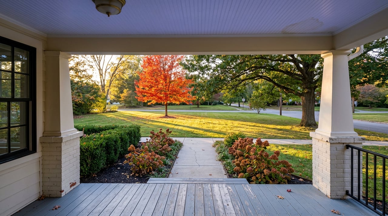 Front porch overlooking a broad lawn, scarlet-orange tree, and street beneath long evening shadows.