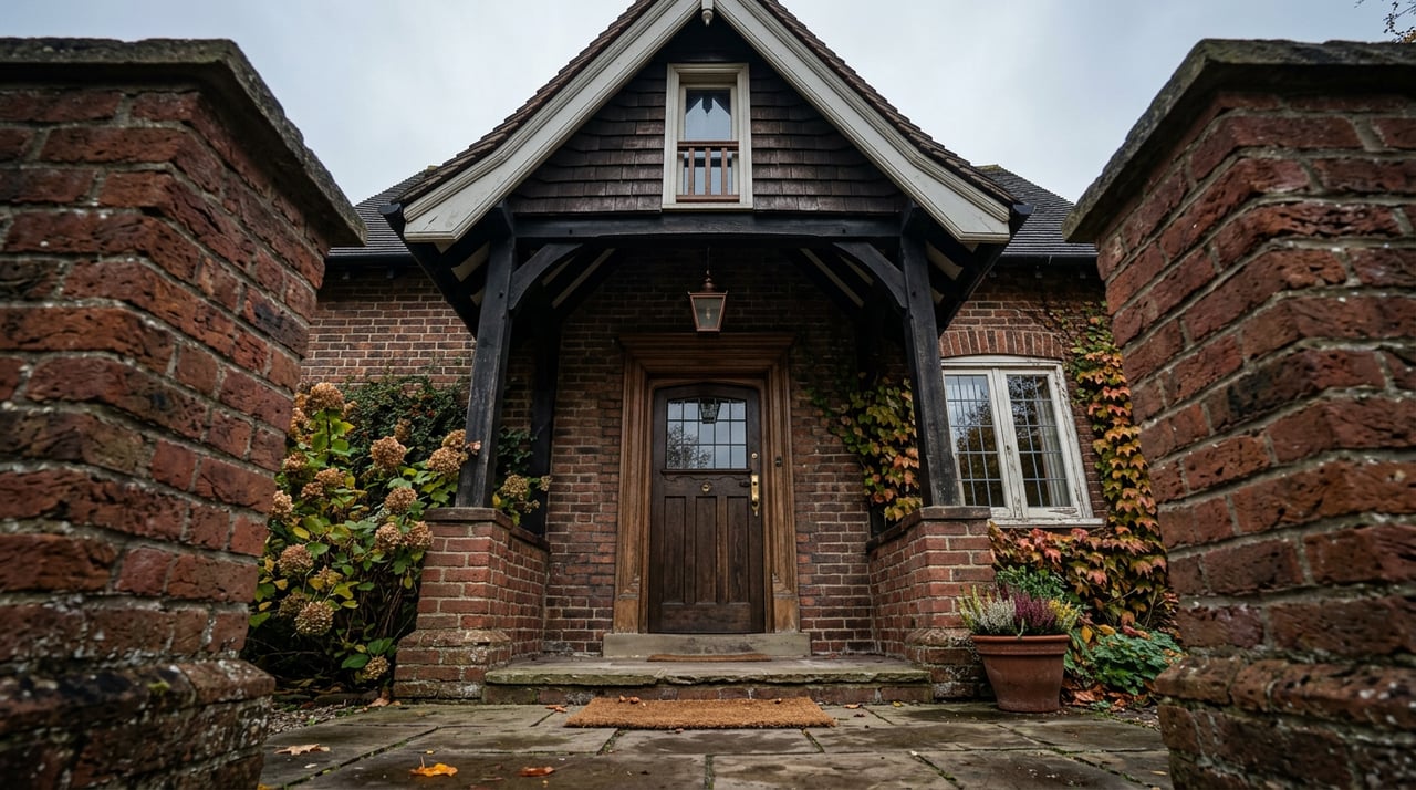 Brick house entry with a solid wood door, flanking sidelights, porch piers, fallen leaves, and a steep shingled gable.