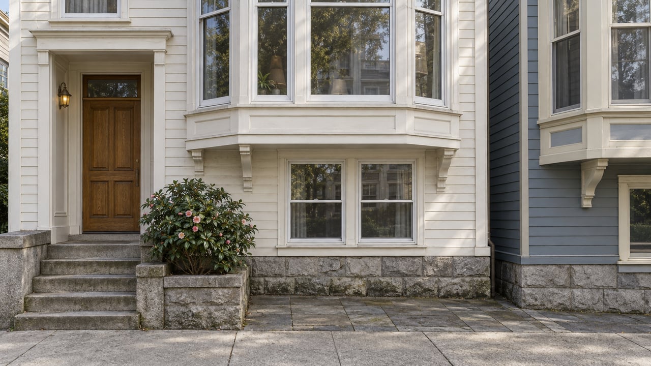 Warm-white bay-window home with an oak entry door, worn concrete steps and a camellia planter beside a blue-gray neighboring facade.
