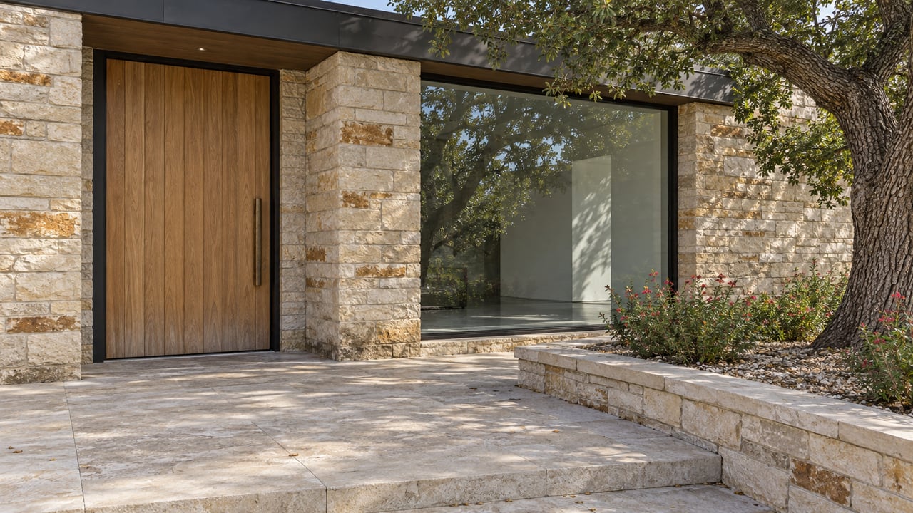 Close view of a limestone home entry with a warm wood door, dark-framed window, pale stone landing and mature oak beside a raised planting bed.