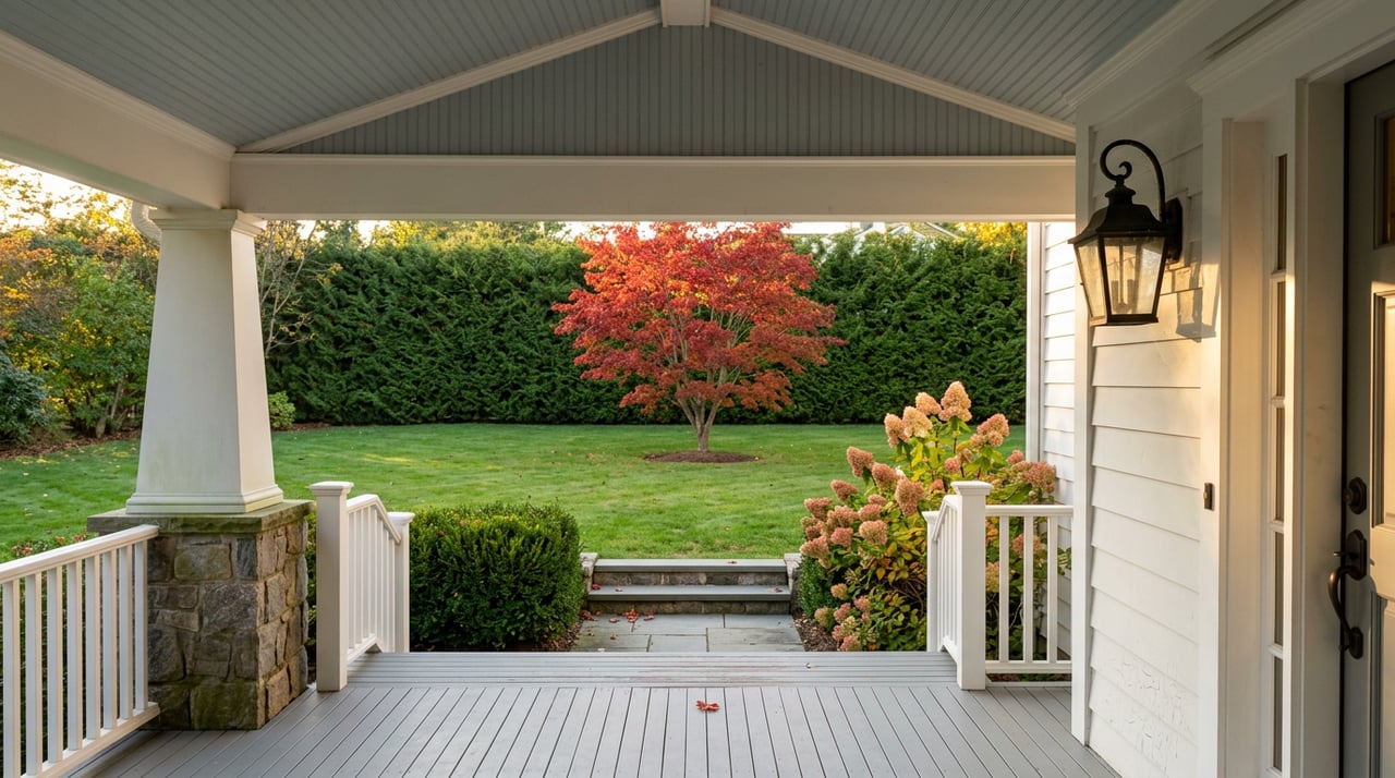 White clapboard porch columns frame a lawn, red-orange maple, and clipped rear hedge.