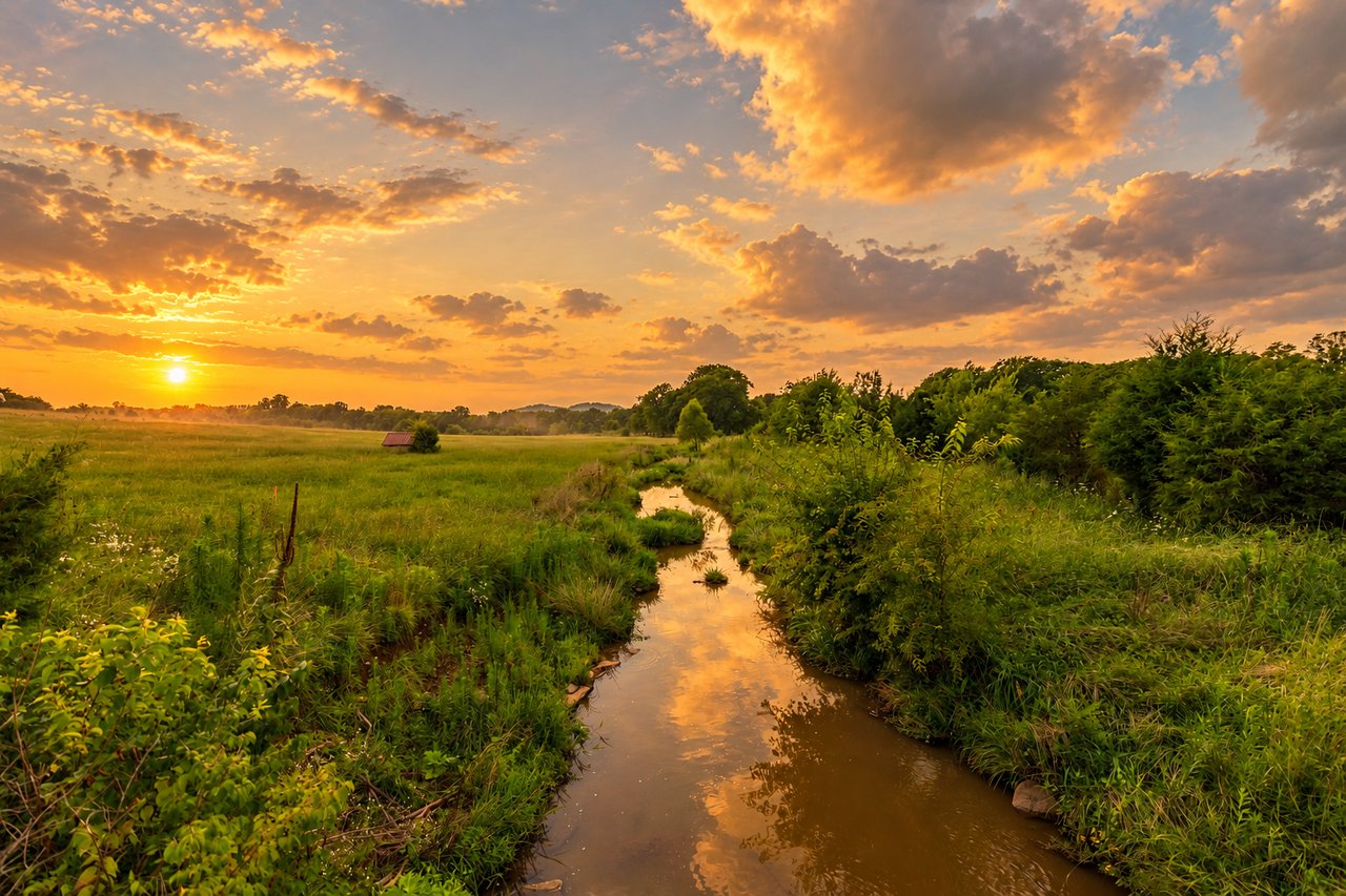 A creek winds through a grassy field beneath a vivid orange sunset sky.