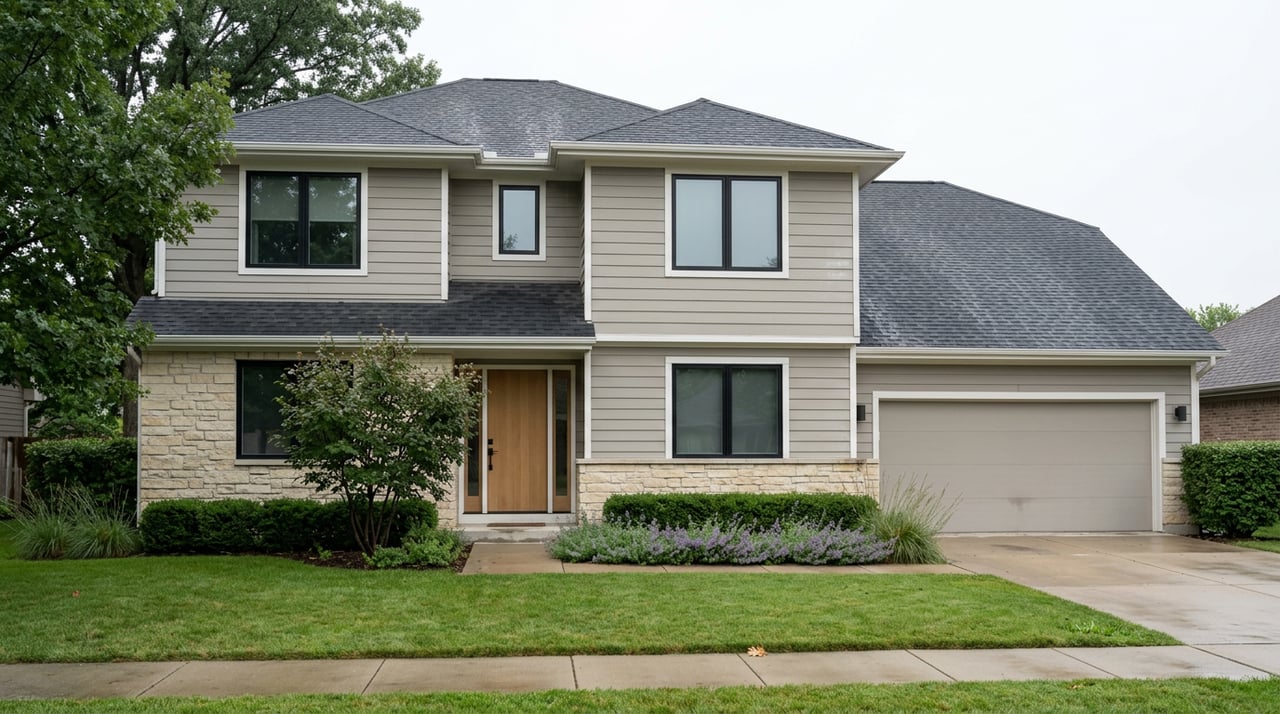 Two-story gray-sided home with a limestone base, closed two-bay garage, and rain-darkened driveway beneath a shade tree.