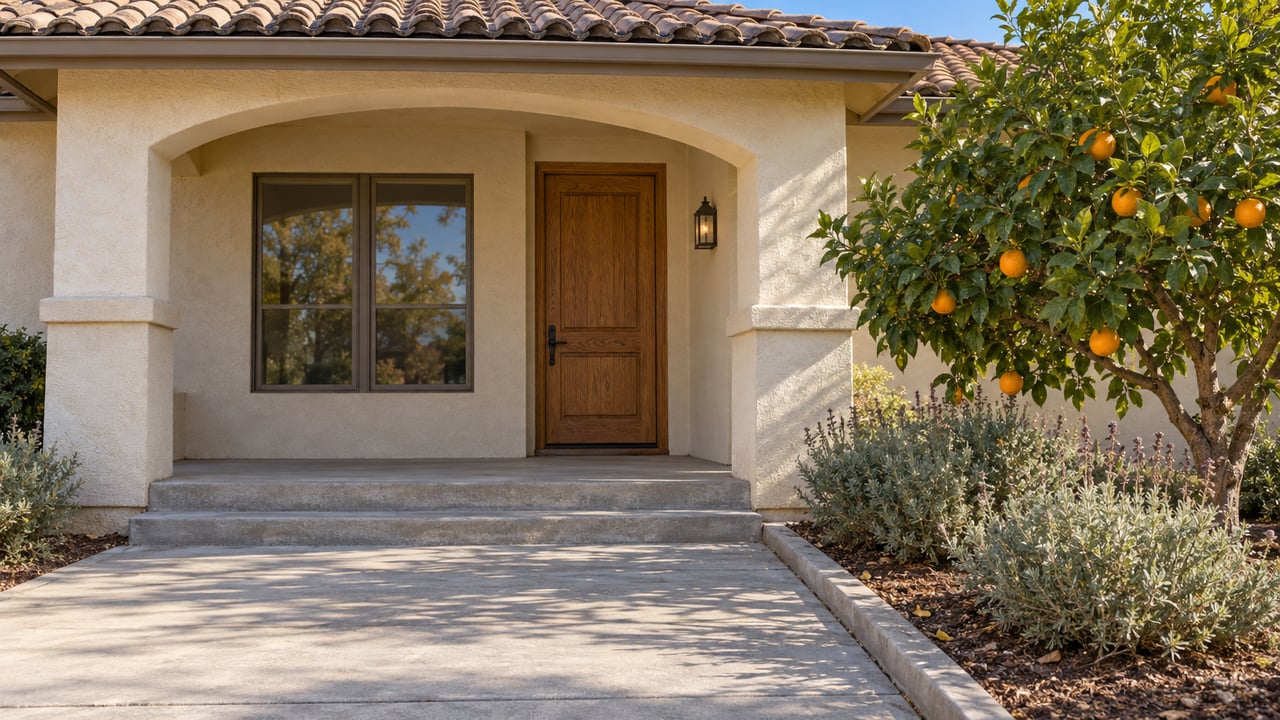Cream stucco ranch entry with a tiled roof, recessed wood door and a fruiting mandarin tree beside a concrete approach.