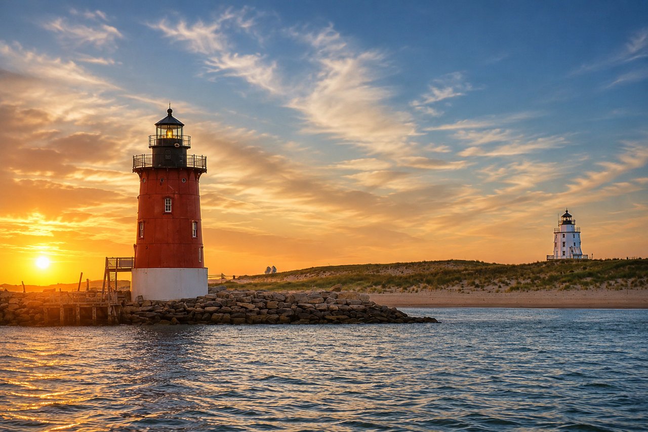 Two lighthouses stand along a rocky beach as the sun sets over the water.