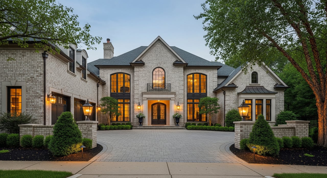 Large gray stone house with a steep central gable, glowing windows, and a paved circular driveway.