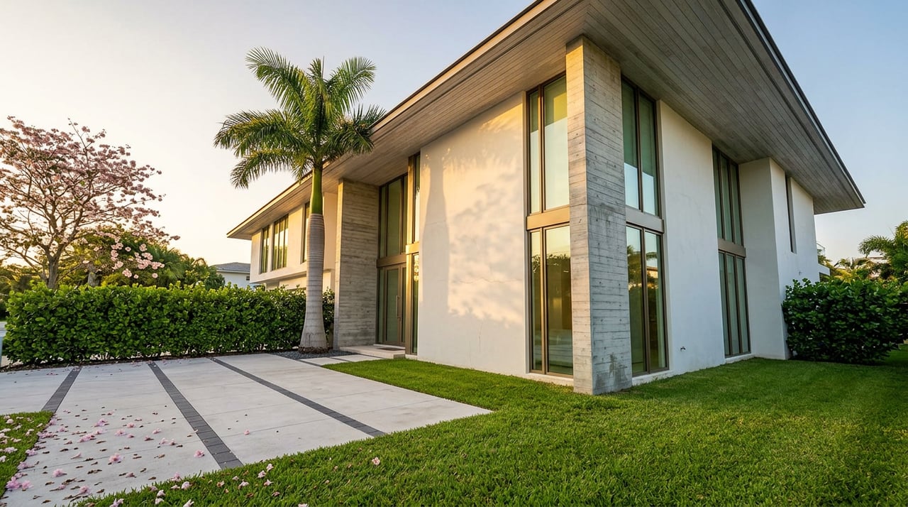 Coastal modern home with white walls, concrete piers, floor-to-ceiling windows, and a royal palm beside the entry.