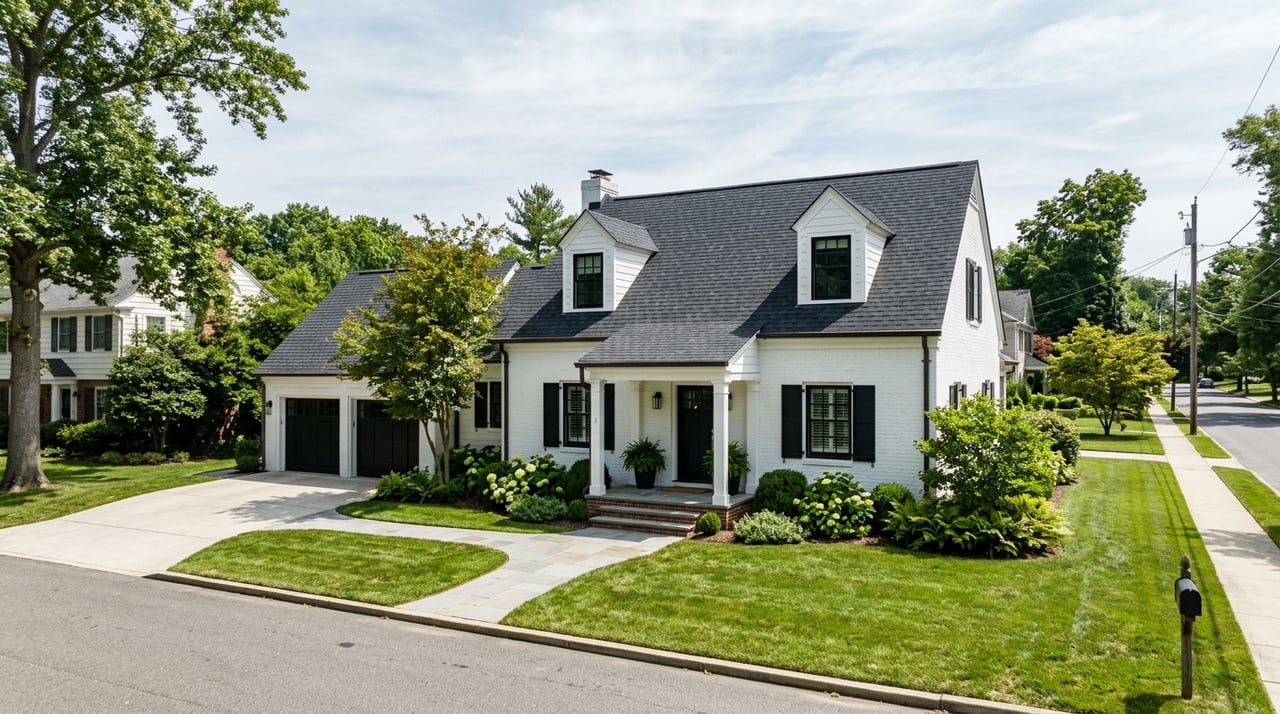 White brick Cape Cod home with two dormers, black shutters, and a columned porch overlooking a broad lawn.