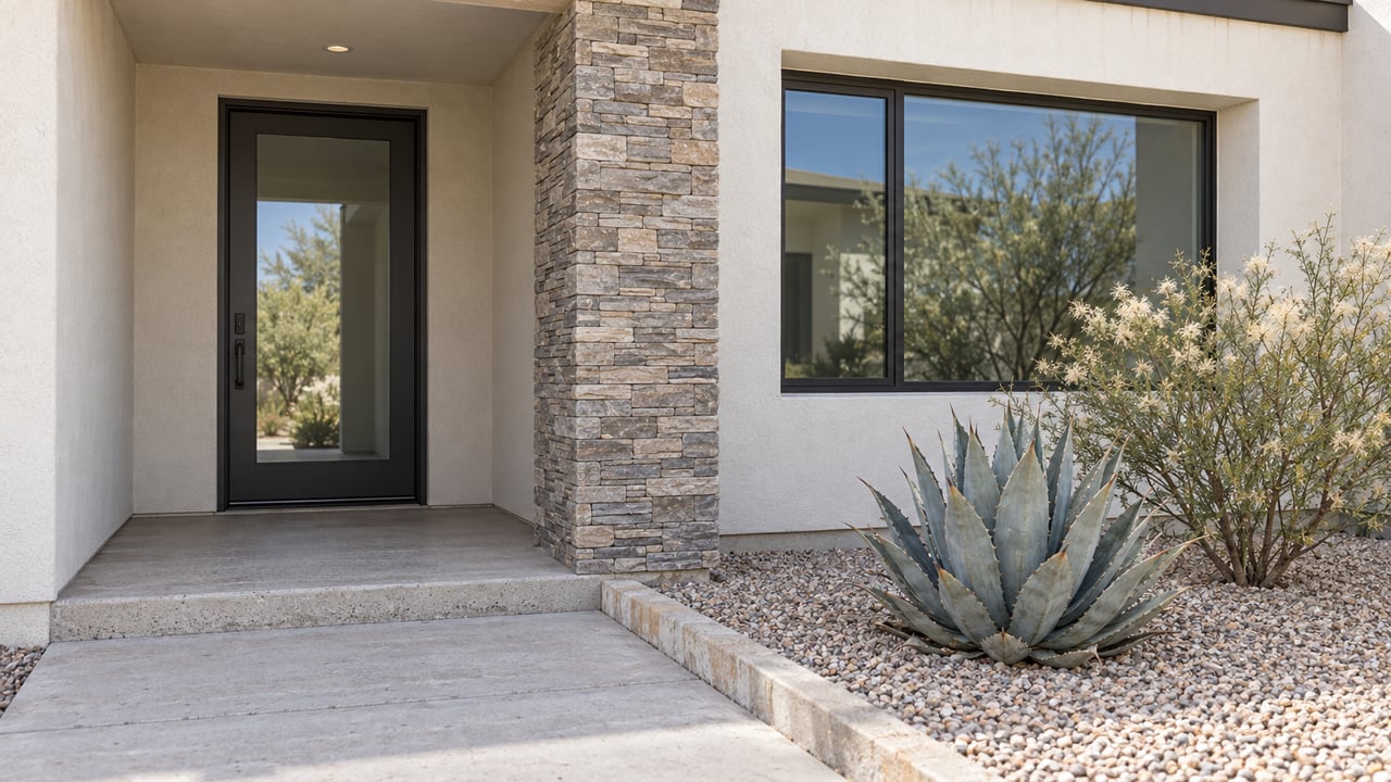 A shaded glazed home entry beside a dark-framed window, warm-white stucco and stacked stone, with agave in a curbed gravel bed.