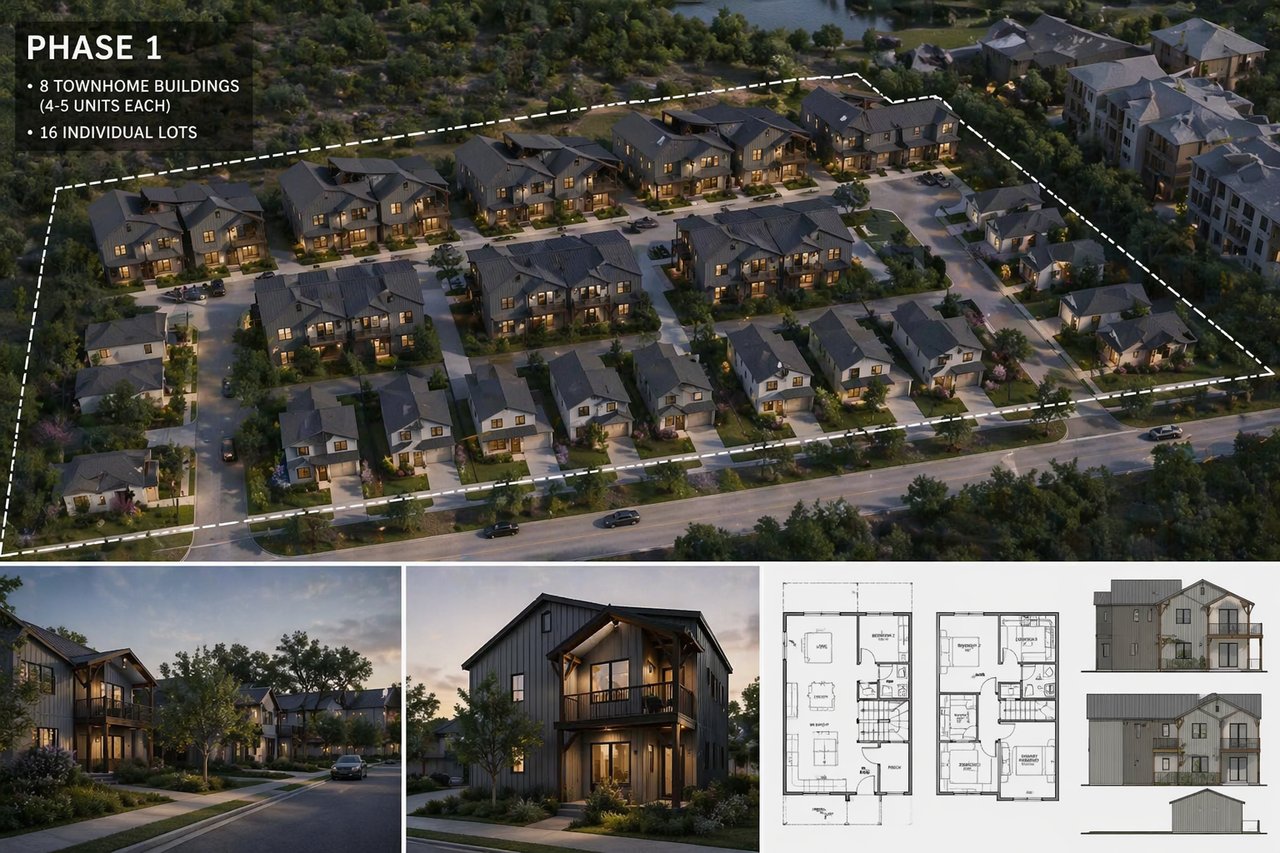 Aerial rendering of a residential development, with street-level home views, floor plans, and elevations below.