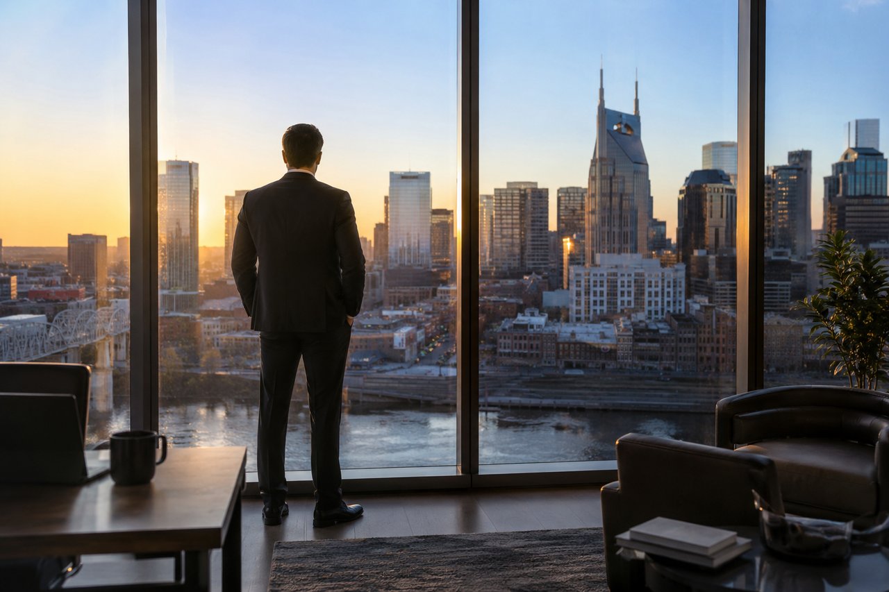 Executive overlooking the Nashville skyline from a modern luxury residence, representing professional relocation, upscale living, and the appeal of Nashville's luxury real estate market in 2026.