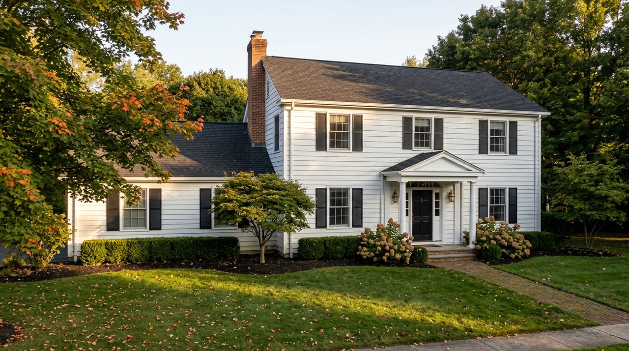 Two-story white Colonial home with black shutters, centered portico, brick walk, and autumn leaves scattered across a deep lawn.