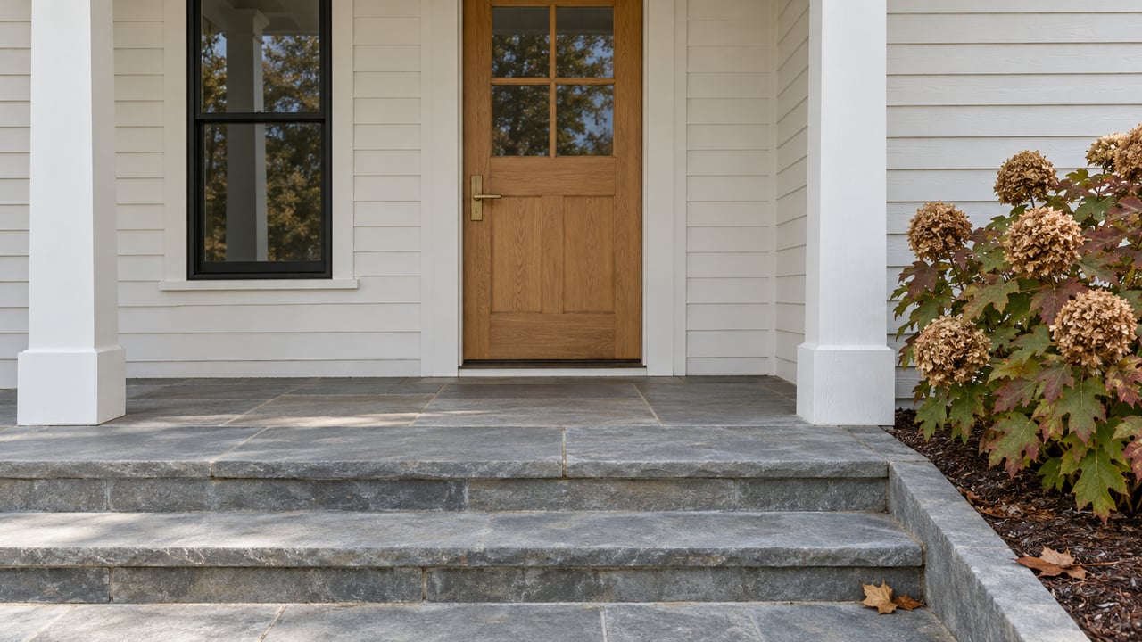 Oak front door beneath a painted timber porch, with blue-gray stone steps and autumn oakleaf hydrangea beside the landing.