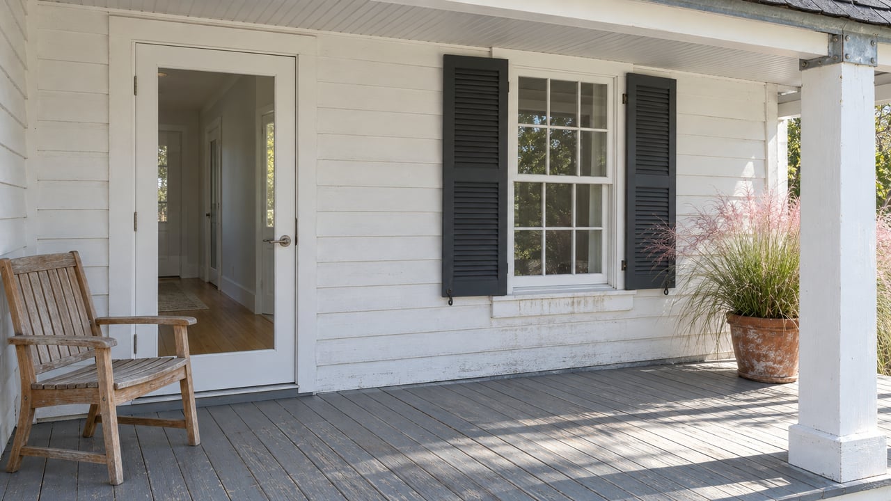 White-sided home's covered porch with a glazed entry door, dark window shutters, weathered gray decking, a teak chair, and pink flowering muhly grass.