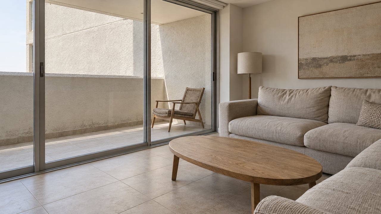 Sunlit condominium living room with sand-colored tile, a linen sofa and closed glass doors facing a covered stucco balcony.
