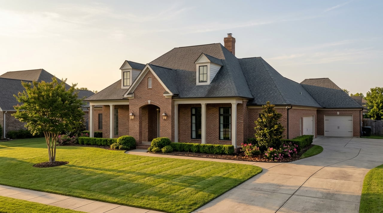 Brick Southern-style house with two dormers, covered entry, three-car garage, and broad striped lawn.