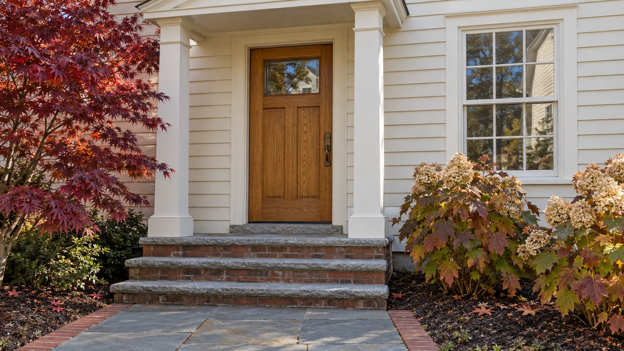 Ivory clapboard home entrance with an oak door, paired white portico posts, brick and granite steps, and red autumn foliage.