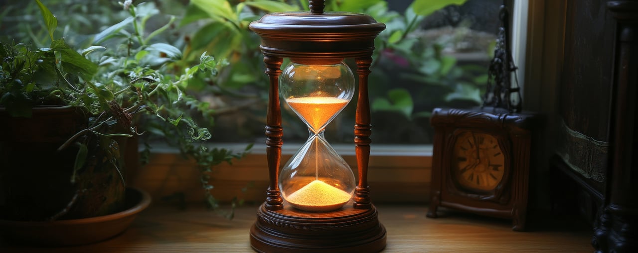 An hourglass with sand flowing sits on a wooden platform, surrounded by green plants and an antique clock by a window.