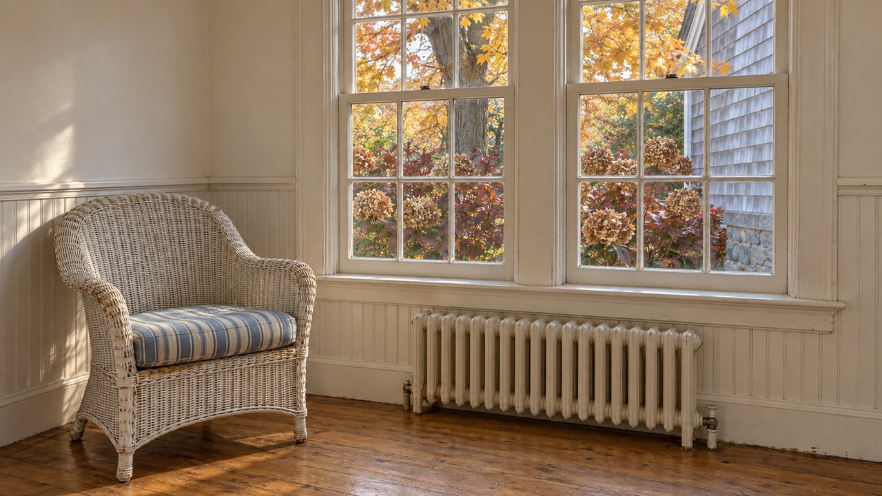 Afternoon light across a white wicker chair, oak floor and paired multi-pane windows overlooking autumn foliage.
