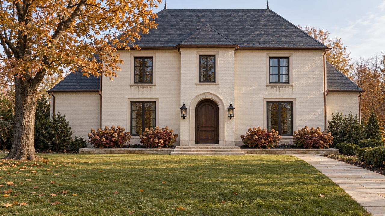 An ivory painted-brick estate beyond a broad autumn lawn, with an amber maple, slate roof, and limestone entrance steps.
