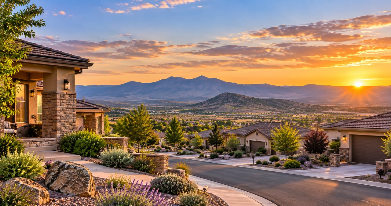Prescott Valley AZ homes with mountain views in a quiet residential neighborhood at sunset.