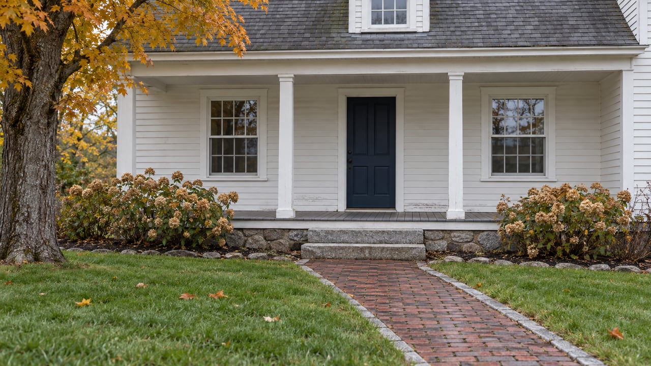 A white clapboard home with a covered porch, navy front door, granite steps and damp brick walk beside an autumn maple.