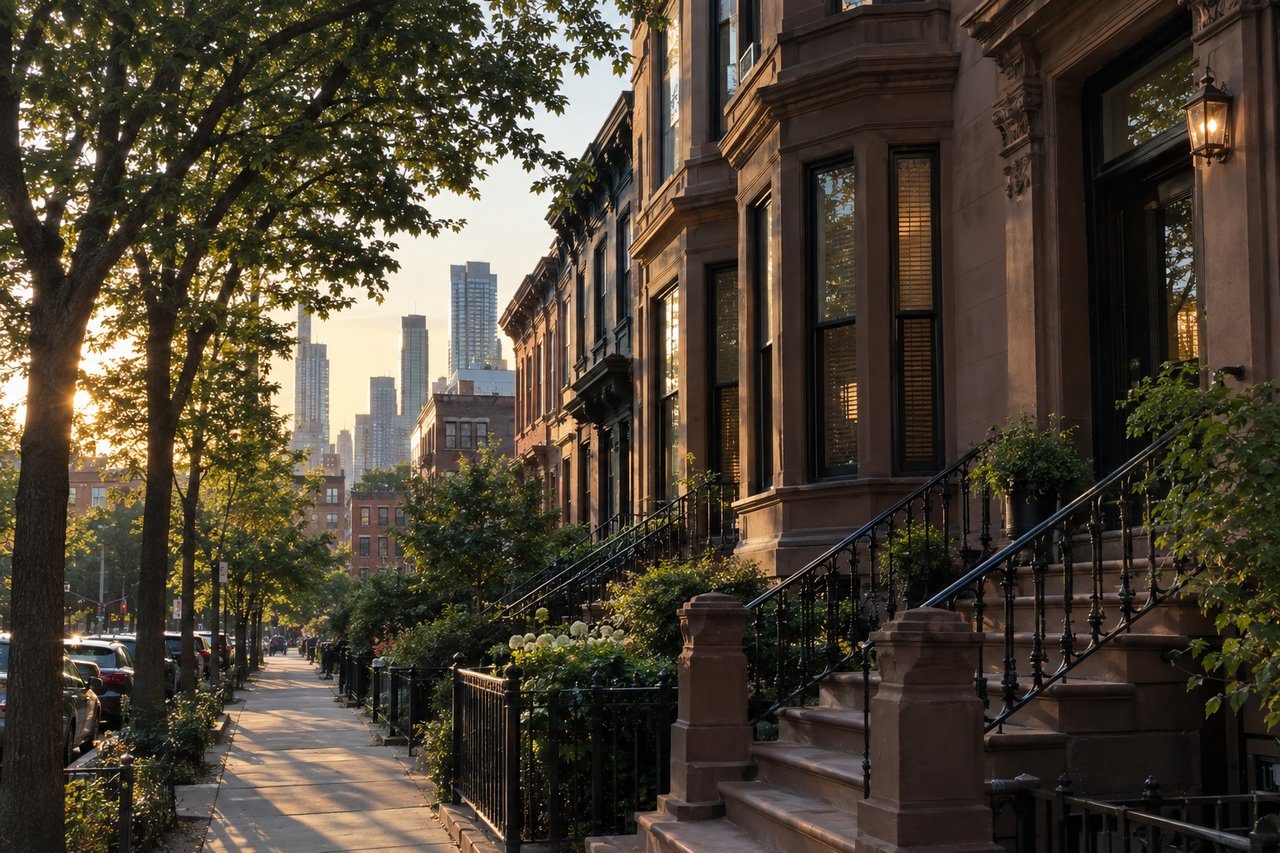 Tree-lined street of brownstone rowhouses with stoops and distant high-rises in golden-hour light.