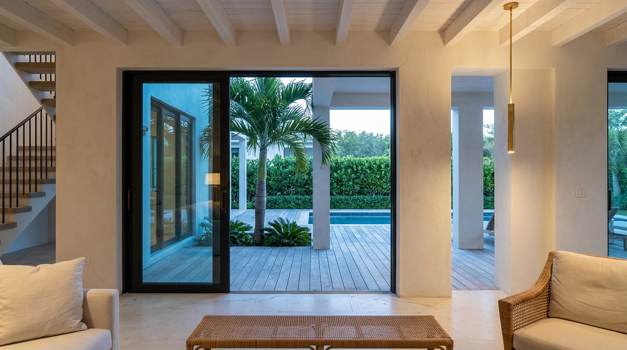Great room with a rattan bench, open glass doors, and a palm beside a hedge-enclosed pool terrace.