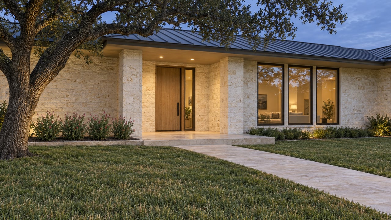 A limestone home at dusk with a warm covered entry, bronze-framed windows, a broad stone walk and a spreading live oak.