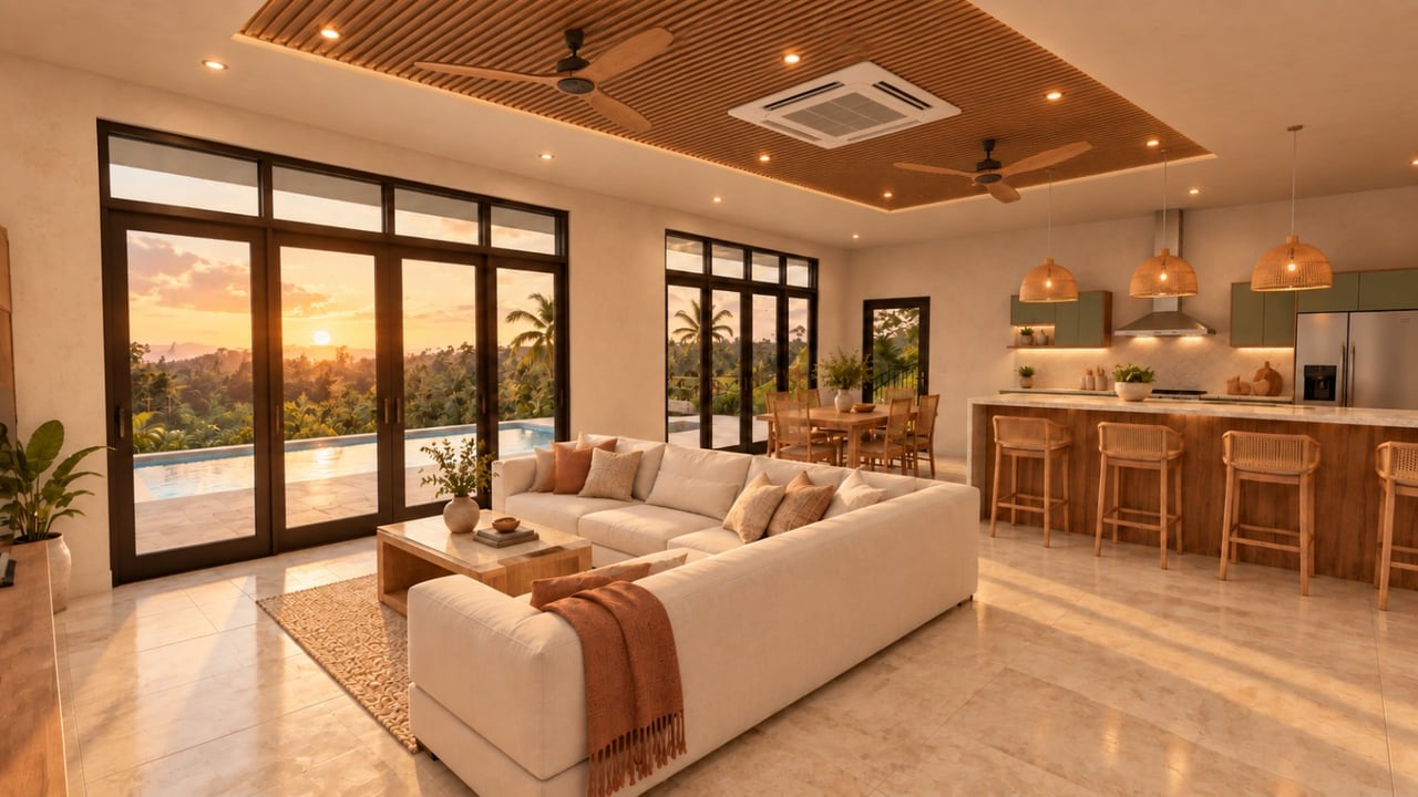 Open-plan living room and kitchen with glass doors opening to a pool and tropical landscape at sunset.