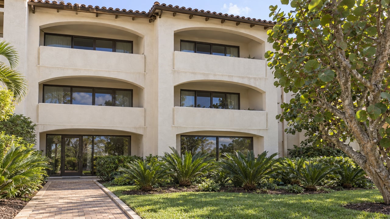 Cream stucco condominium with arched balconies, bronze-framed glass doors and a brick approach beside a mature sea grape tree.