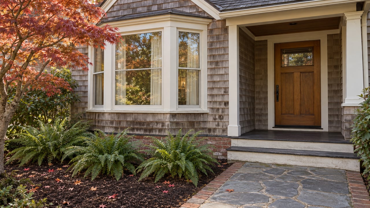 Weathered cedar-shingle home with ivory bay windows, a sheltered fir entry door, and copper-red maple foliage beside a stone garden approach.