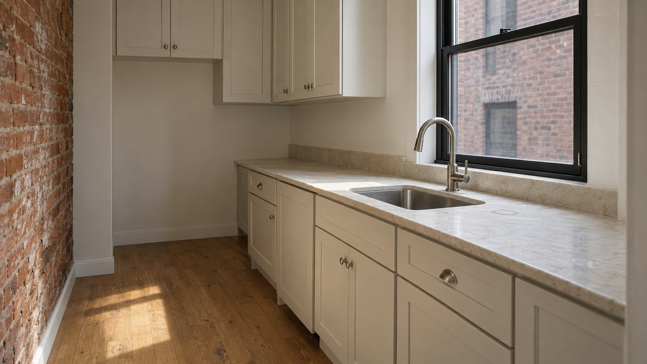 Compact kitchen with pale cabinets, a stainless sink beneath a black-framed window, and an exposed brick wall.