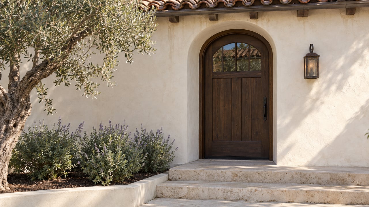 Arched oak entry door in cream stucco, with limestone steps, an olive tree, and lavender shrubs.