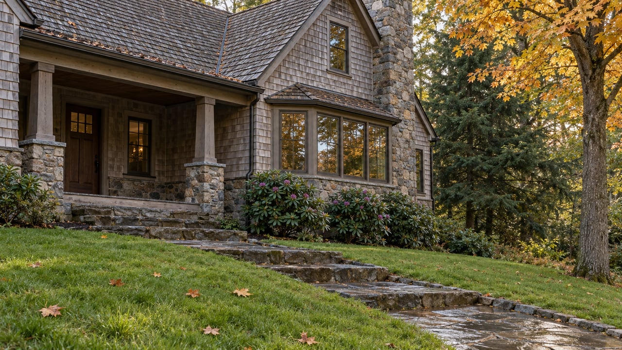 Cedar-shingled cottage with a stone chimney, covered timber porch and glazed bay above a sloping lawn and stone approach.
