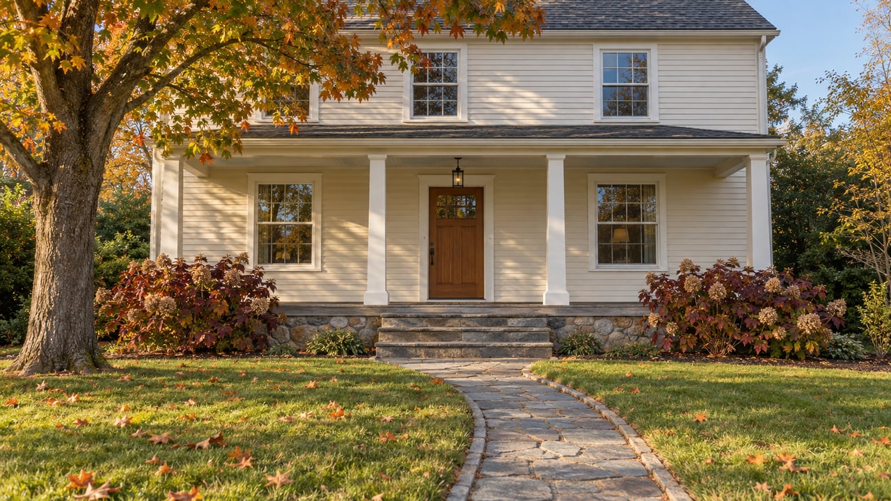 An ivory clapboard house beyond a broad lawn, with a stone walk and a sugar maple turning ochre and orange.