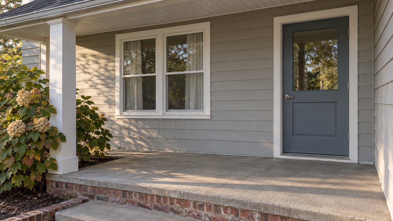 Covered front porch with gray siding, a slate-blue glazed door, white-framed window, brick step and oakleaf hydrangea.