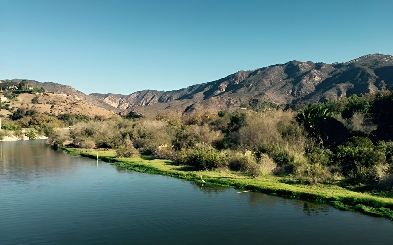 White egret standing beside a river, with green banks and rugged mountains beyond.