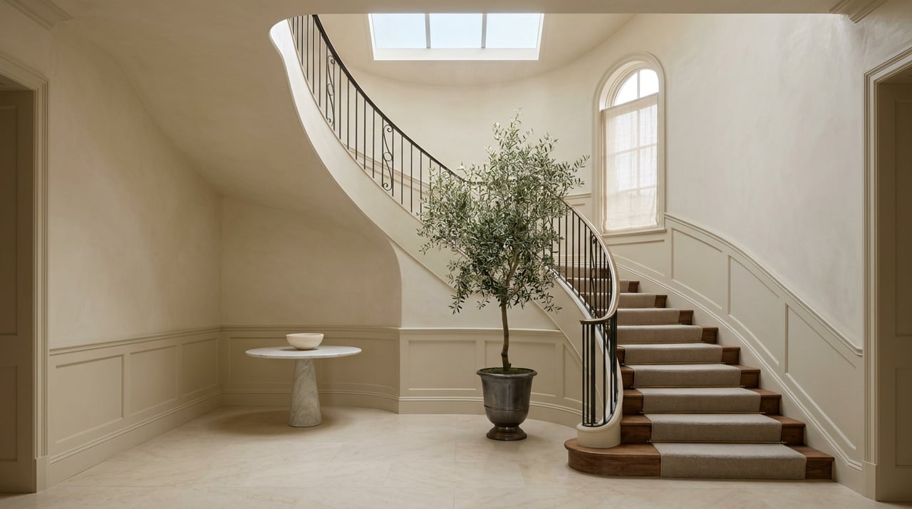 Curved walnut staircase with an iron balustrade rises beside an olive tree in a copper urn.