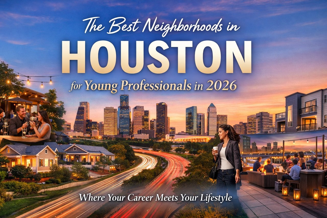 Houston skyline at sunset with freeway light trails, rooftop bar scene, townhomes, and text “The Best Neighborhoods in Houston for Young Professionals in 2026”.