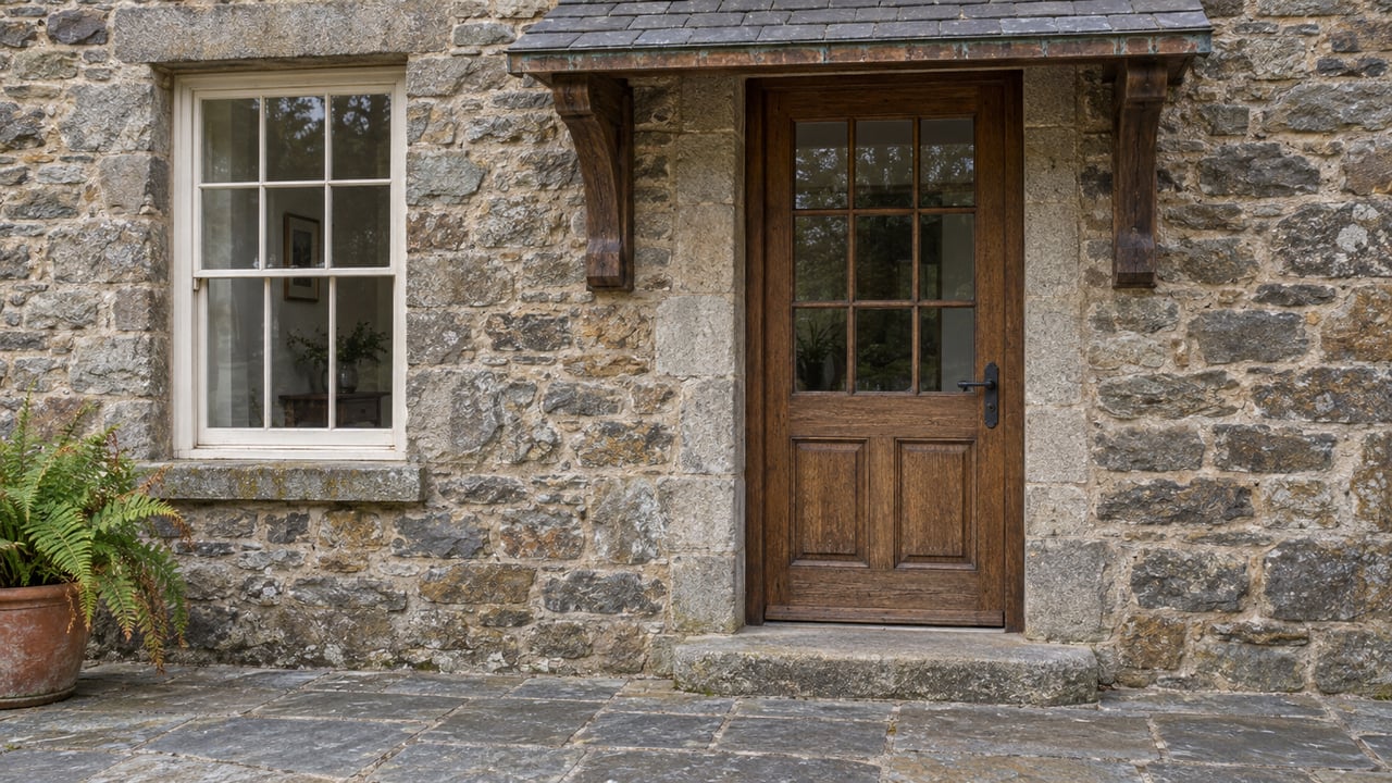 Weathered fieldstone garden entrance with a glazed oak door, slate hood, and blue-gray flagstone terrace in soft morning light.