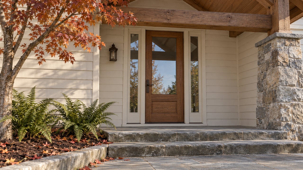 Autumn light on a covered oak-and-stone home entrance, with bluestone steps, red maple leaves and evergreen ferns.
