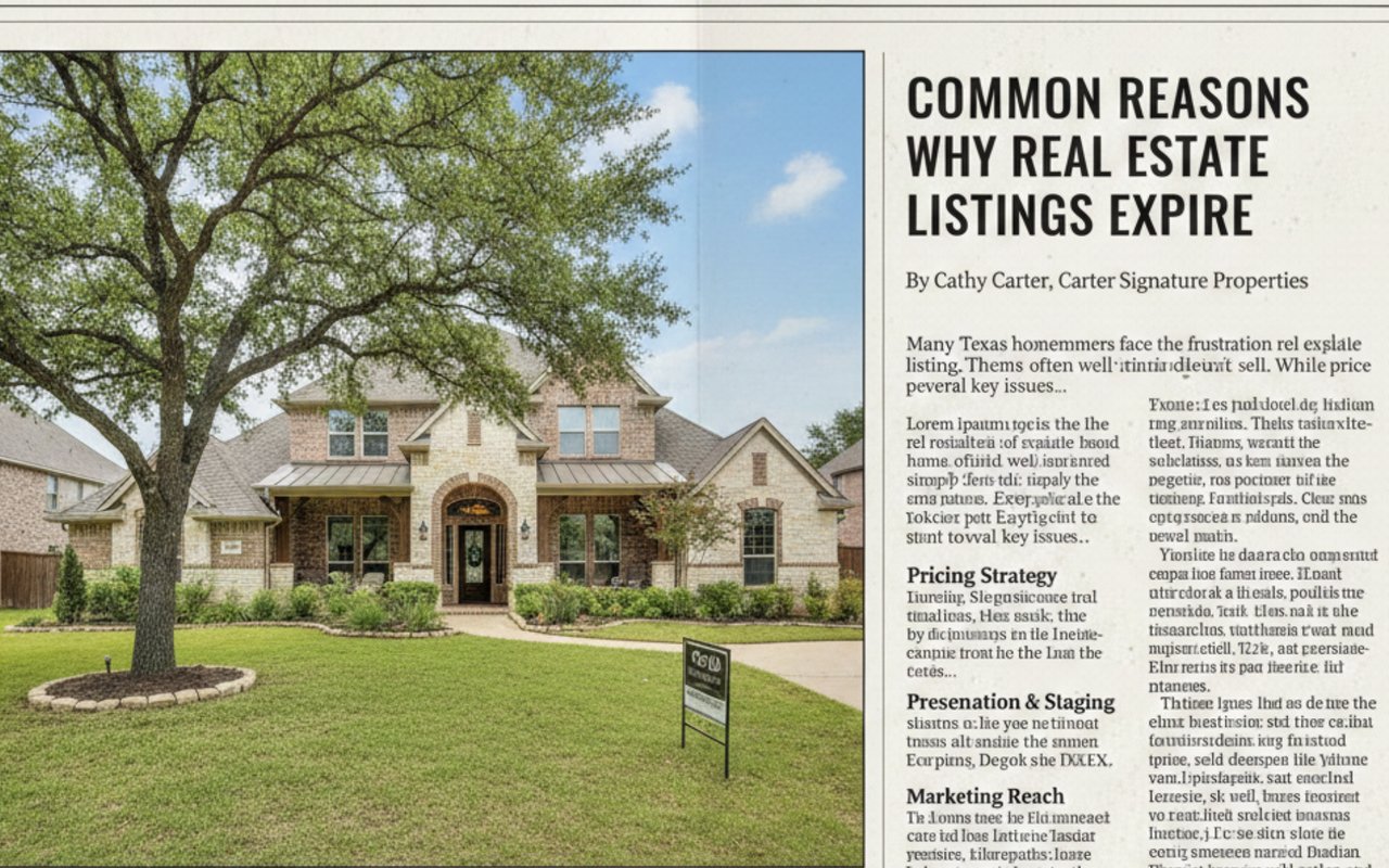 Texas home shown by Carter Signature Properties in an article explaining common reasons why real estate listings expire and how sellers in DFW, Keller, Haslet, Alliance, Surfside Beach, and Brazoria County can relaunch successfully.