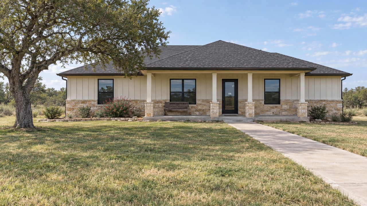 Single-story home with cream board-and-batten siding, limestone wainscot, a shaded porch and a broad lawn beside a mature live oak.