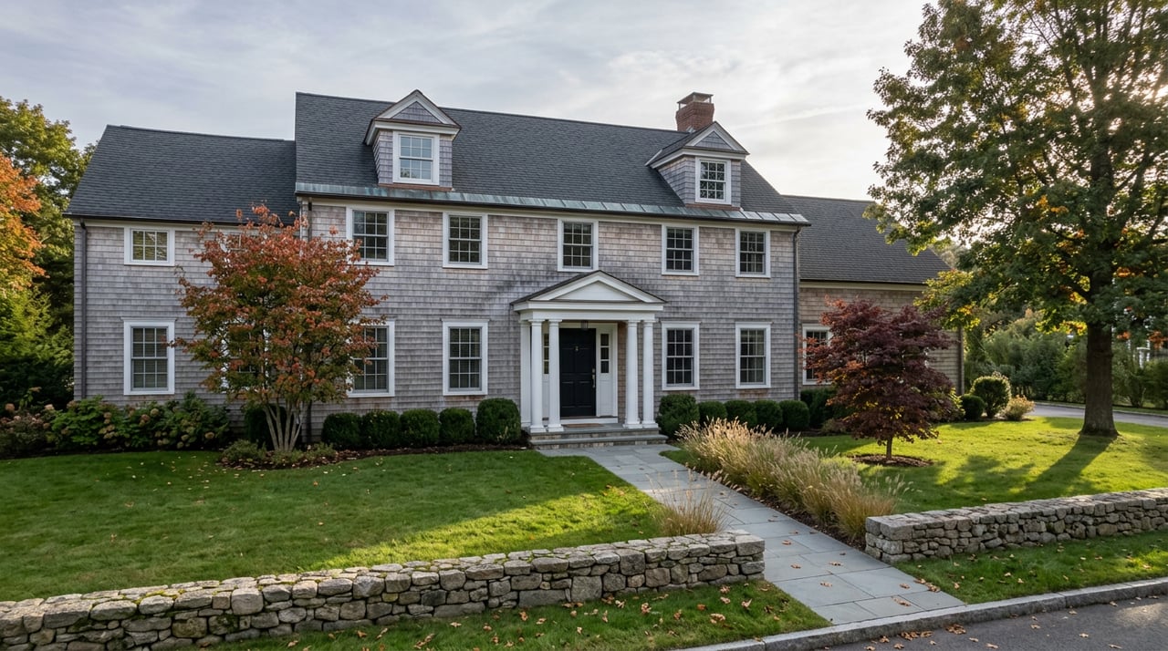 Shingle-clad Colonial house with a columned portico, deep lawn, bluestone walk, and red-orange autumn trees.